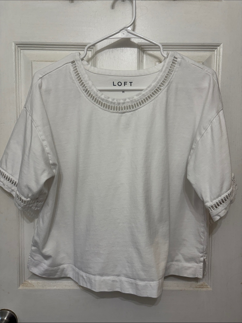 LOFT White Crochet-Trim Short Sleeve crop Tee